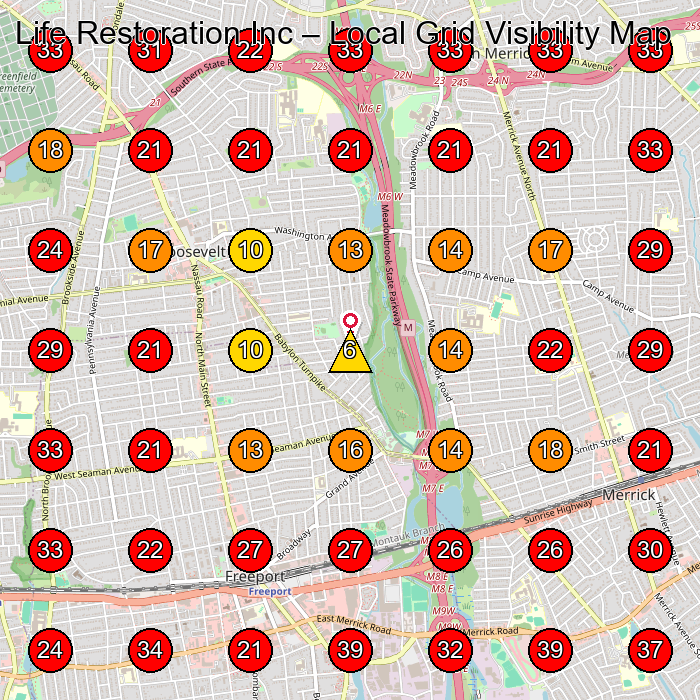 Life Restoration Inc GeoGrid visibility map for Roofing Contractor in Merrick